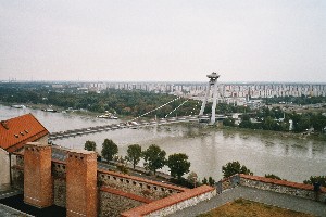 Blick von der Burg auf die Donau und die Neue Brücke
